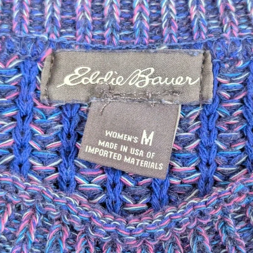 Eddie Bauer Womens Medium Blue Purple Marled Chunky Open Knit Vintage Sweater